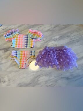 Girls Multicolor Gingham Swim Top & Purple Floral Tutu Set